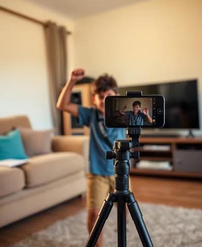 Criança e adolescente gravando conteúdo para redes sociais