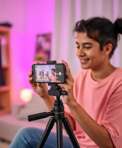 Criança e adolescente gravando conteúdo para redes sociais