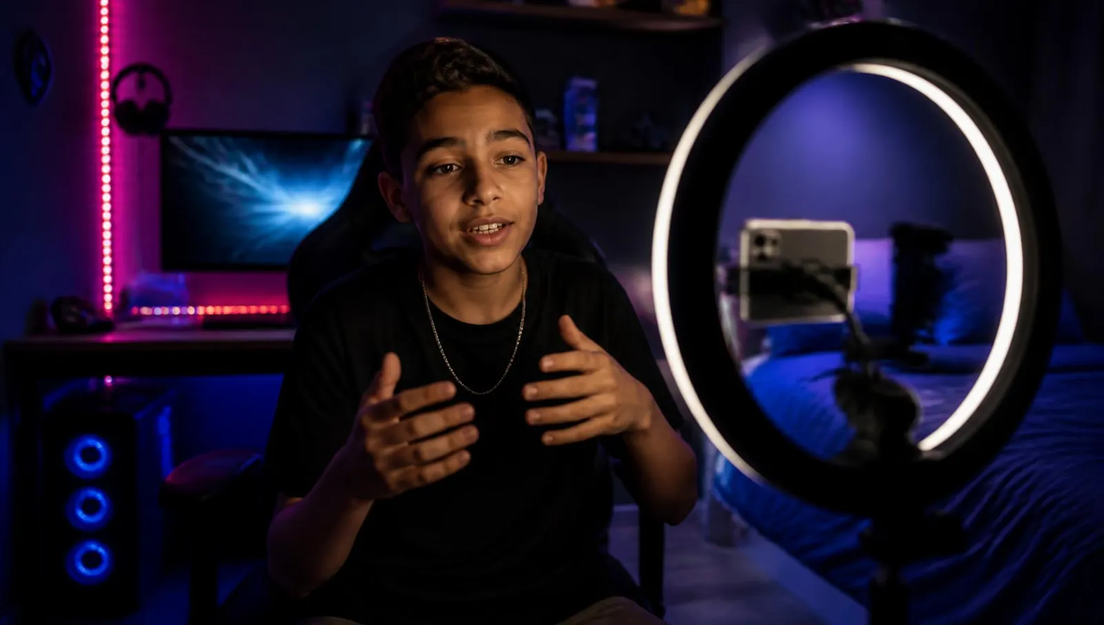 Criança criadora de conteúdo gravando vídeo com celular e ring light no quarto gamer