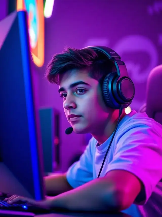 Jogador adolescente com headset em setup gamer