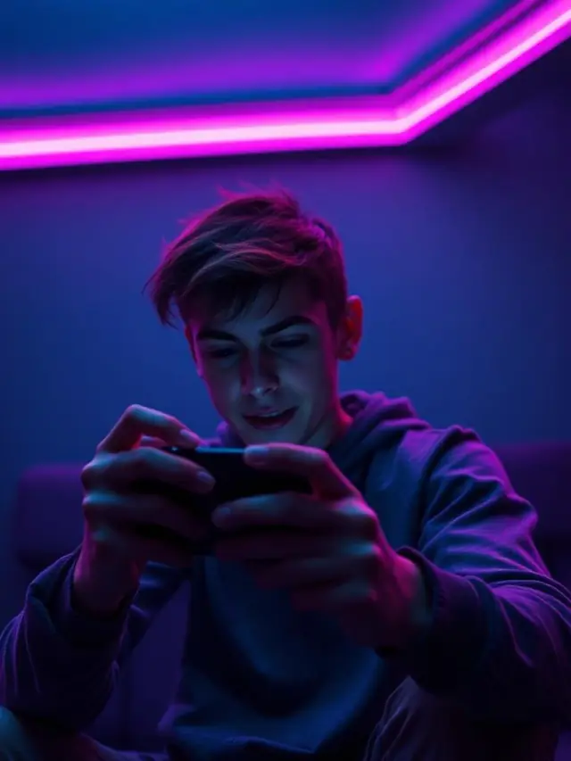 Jovem jogando no celular com controle